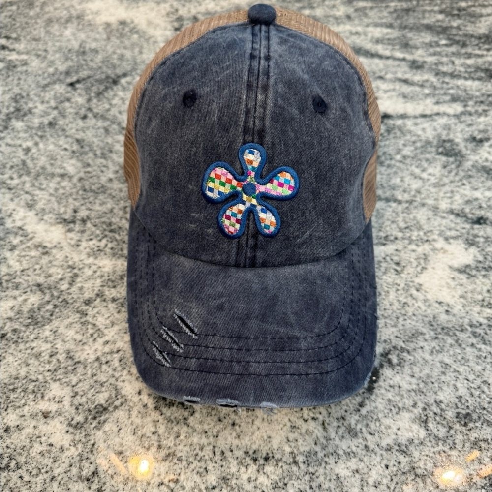 New Custom Designed Blue and Tan Mesh Distressed Trucker Hat w/ Abstract Flower.